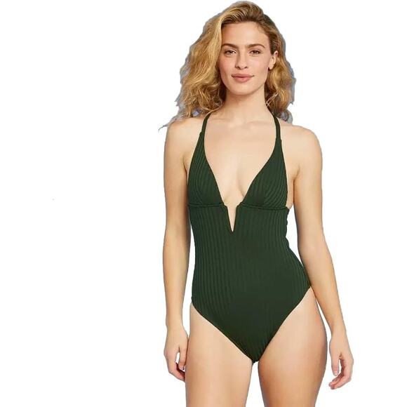 Shade & Shore NWT Size XL Green Ribbed Plunge Front V-Wire One Piece Swimsuit - - Picture 1 of 8